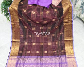 Kollam Pattu Silk Cotton Saree with Stitched Blouse Size 40–46, Mahogany Wine Lavender Zari Indian Wedding Saree