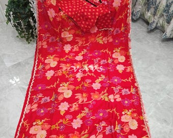 Red Russian Crepe Silk Floral Sequins Saree, Stitched Blouse Size 38-44, Indian Wedding Cocktail Party Saree