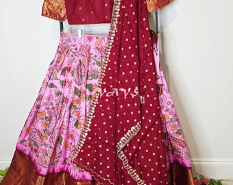 Semi Gadwal Kalamkari Lehenga Set, Rose Pink Bird Floral Print, Wine Chinon Dupatta, Indian Wedding Outfit, Blouse Size 38-44