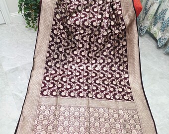 Pure Benarasi Katan Silk Saree, Antique Gold Zari, Maggam Stitched Blouse Size 40-46, Indian Wedding Bridal Saree