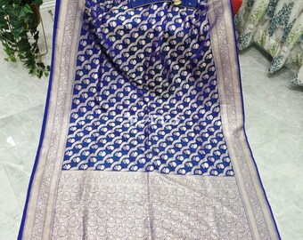 Royal Blue Pure Benarasi Katan Silk Saree, Silver Zari, Maggam Stitched Blouse Size 38-44, Indian Wedding Bridal Saree