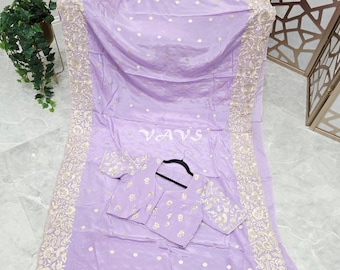 Lavender Pure Crepe Parsi Gara Saree, Ivory Floral Embroidery, Stitched Blouse Size 38-44, Indian Wedding Festival Saree