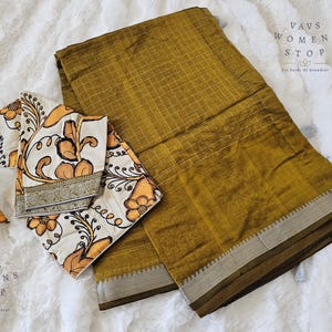 Size 40 extends to 46. Traditional Mangalagiri Silk Cotton Saree with Stitched Kalamkari Blouse – Lightweight Handloom Drape. Ready to ship