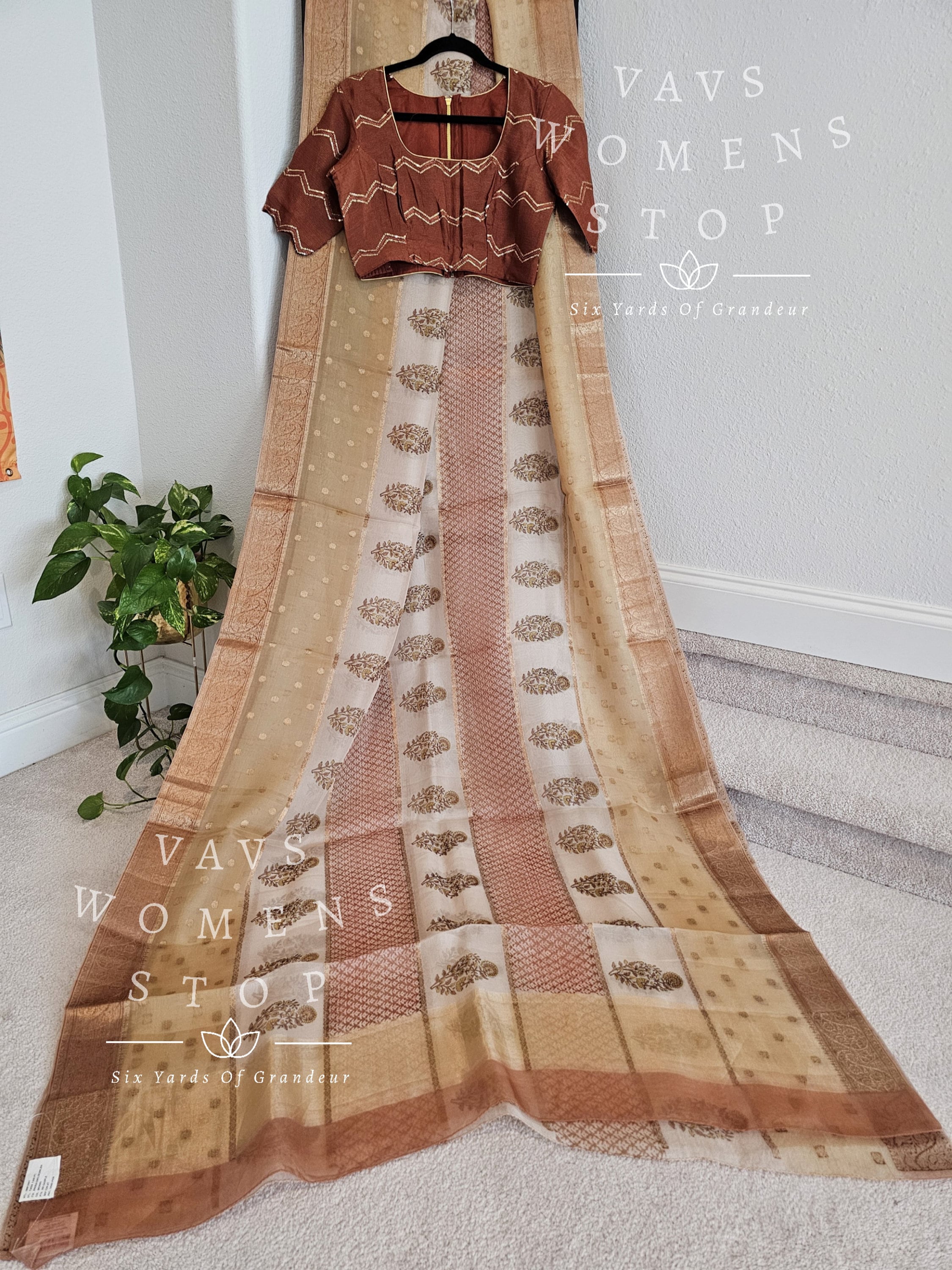 Pure Kora Organza Designer Floral Prints Saree - Chinon Chiffon Blouse Size 36 Extends To 42 Ready To Ship From Texas, Usa