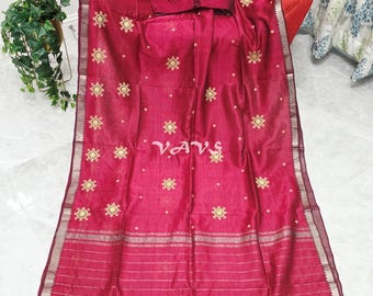 Maroon Kutch Embroidery Mangalagiri Silk Cotton Handloom Saree, Stitched Blouse Size 38-44, Wedding Festival Saree