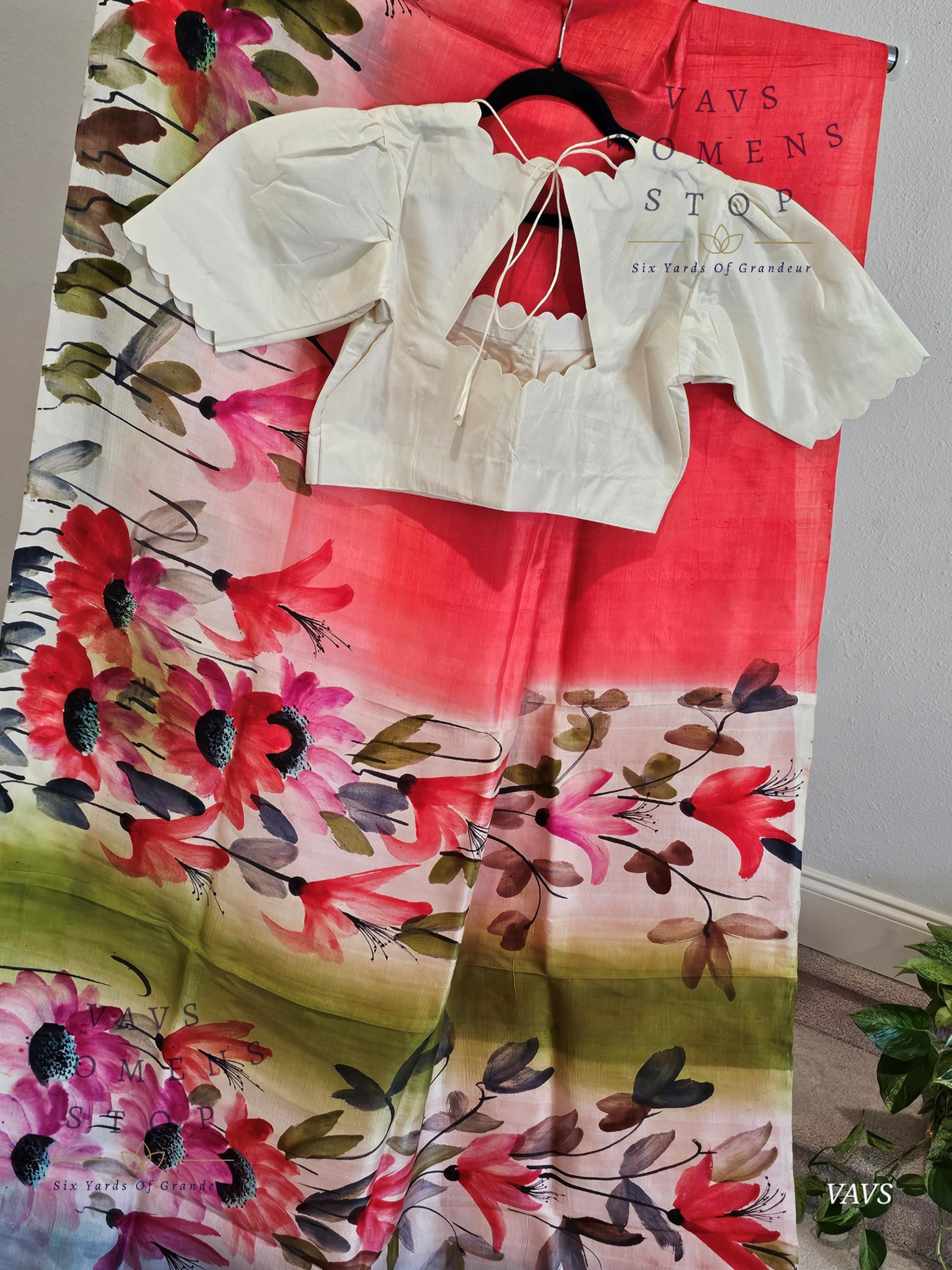 Floral Hand-Printed Pure Tussar Silk Saree FH37