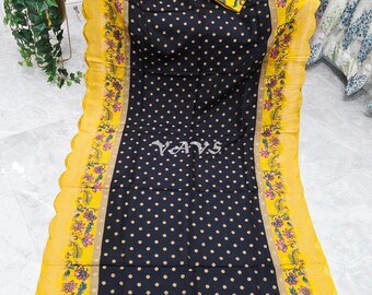 Black Yellow Munga Crepe Silk Kalamkari Saree, Floral Border, Stitched Blouse Size 40-46, Indian Wedding Festival Saree