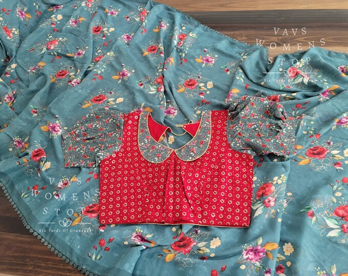 Sita Ramam Inspired Designer Floral Prints Crepe Silk Saree Blouse Size