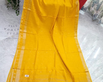 Sunlit Mustard Yellow Munga Georgette Saree with Unstitched Blouse Piece | Haldi Saree | Festival Wear | Wedding Guest Saree