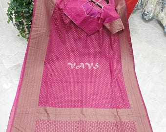 Rani Pink Antique Zari Chiffon Georgette Saree, Stitched Blouse Size 36-42, Indian Wedding Festive Party Saree