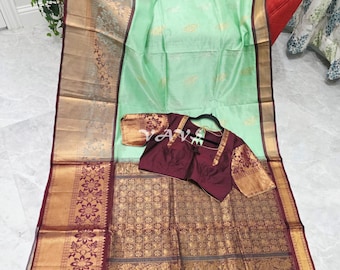 Mint Green Mangalagiri Silk Cotton Saree, Antique Gold Border, Wine Stitched Blouse Size 42-48, Indian Wedding Saree