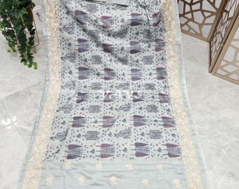 Pearl Blue Matka Tussar Silk Warli Saree, Parsi Gara Embroidery Border, Stitched Blouse Size 34-40, Indian Wedding Saree