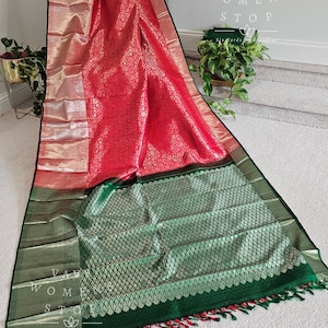 Red Color Pure Kanchi Pattu Silk Saree. Ready to ship from Prosper, Texas by VAVS Womens Stop