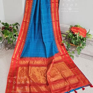 Sari de seda pura Gadwal hecho a mano, azul con borde naranja / Auténtico sari tradicional del sur de la India / Prenda para bodas y festividades / Listo para enviar