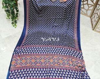 Navy Ajrakh Semi Modal Silk Saree, Original Mirror Work, Stitched Blouse Size 38-44, Indian Wedding Festival Saree