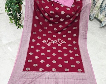 Wine Burgundy Semi Tussar Georgette Saree, Silver Zari Buttas, Mauve Border, Stitched Blouse Size 40-46, Wedding Saree