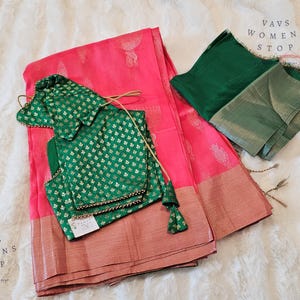 Size 40 Extends To 46. Semi Kanchi Soft Silk Saree with Khaddi Border – Paired with Benarasi Blouse | Ready to Ship from Prosper, Texas USA