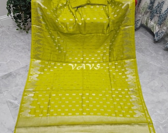 Parrot Green Pure Kora Chiniya Pattu Silk Saree, Bird Creeper Border, Stitched Blouse Size 36-42, Wedding Festival Saree