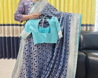 Size 36 extends to 42 | Teal Blue Viscose Georgette Saree with Stitched Blouse | Ready to ship from Prosper, Texas by VAVS Womens Stop