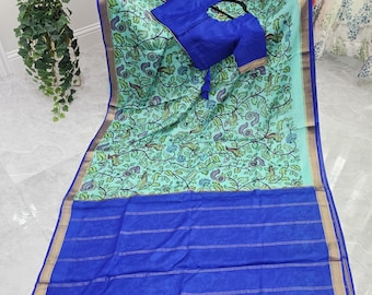 Pure Mysore-crêpezijde 60 gsm Kalamkari-print Saree Aqua Mint & Royal Blue, gestikte blouse maat 38, uit te breiden tot 44