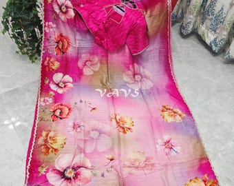 Pink Russian Crepe Silk Floral Sequins Saree, Stitched Blouse Size 42-48, Wedding Guest Reception Party Saree