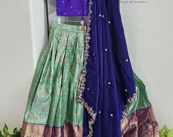 Size 34 extends to 40. Semi Kanchi Half Saree Set – South Indian Bridal & Festive Wear | Women’s Lehenga | Ready to Ship | VAVS Womens Stop