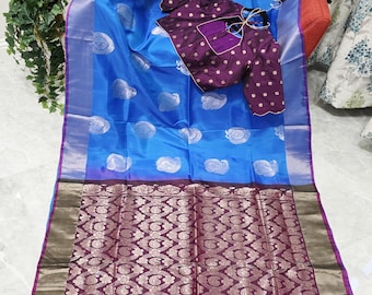 Azure Sapphire Semi Kanchi Soft Silk Saree with Wine Benarasi Blouse Size 40 Ext 46 | Ready to Wear USA