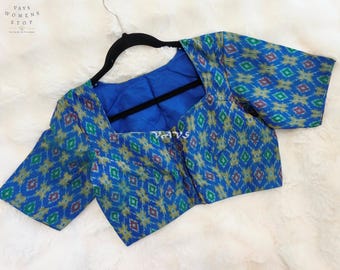 Royal Sapphire Blue Pure Sico Ikkat Pochampally Designer Stitched Blouse Size 38-44 Front Open Wedding Saree Blouse