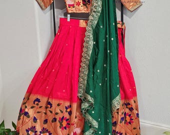 Red Paithani Lehenga Set – Semi Benarasi Half Saree, Size 34 extends to 40