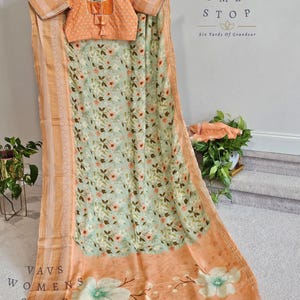 Size 40 Extends To 46. Pastel Sea Green Shade Floral Print Mangalagiri Silk Saree – Blouse – Ready to Ship from Prosper TX USA