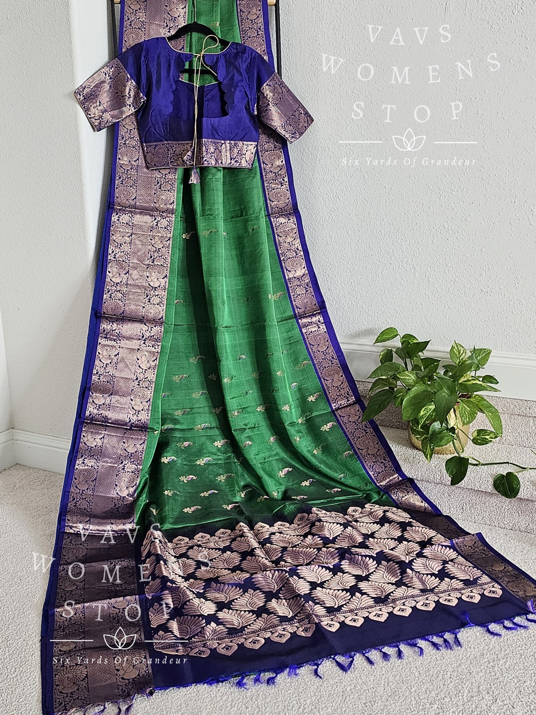 Kanchi Vegan Silk Saree With Contrast Blouse and Rich Jari Pallu