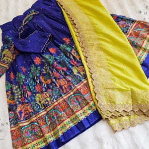 Size 32 extends to 38. Munga Crepe Silk Half Saree Set Suitable for Juniors Also. Exclusive Kalamkari Design | Festive & Wedding Wear