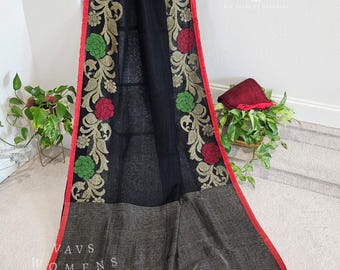 Black Linen by linen jamdani border Saree! Ready to ship from Prosper. VAVS Womens Stop!