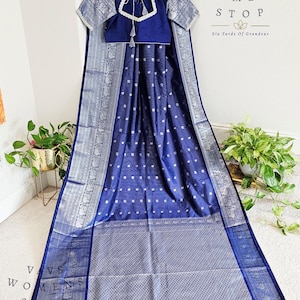 Tamanho 38, extensível até 44. Sari de seda semi-gadwal com blusa – Sari elegante do sul da Índia | Borda Zari | Traje tradicional para festas e festivais
