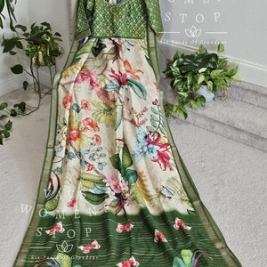 Mangalagiri Pattu Floral Print Saree - Blouse 36 expandable up to 42. Ready to ship from Prosper, Texas by VAVS Womens Stop
