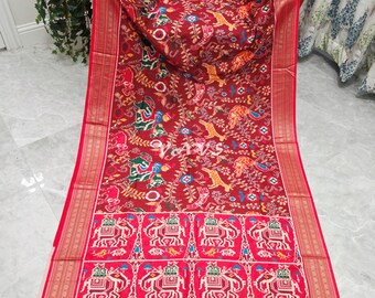 Maroon Patola Print Soft Silk Saree, Elephant Pallu, Stitched Blouse Size 40-46, Indian Wedding Festival Saree