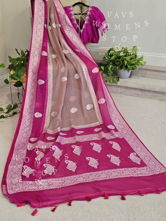 Pure Chiffon Lightweight Saree - Pure Rawsilk Maggam Blouse Size 38 extends to 44! Ready to ship from Prosper, Texas by VAVS Womens Stop