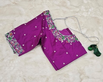 Lila bestickte Bluse mit Saris | Maggam Work, einstellbare Passform