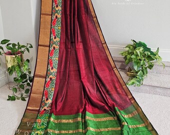 Mangalagiri Pattu Saree – Pochampally Border, Stitched Blouse (Size 38-44)