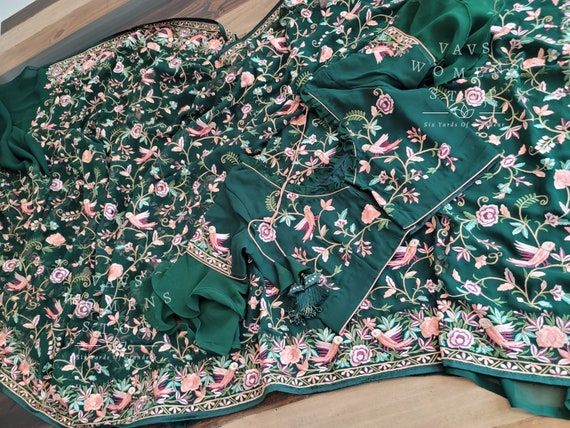 Viscose Georgette Parsi Gara Machine Embroidery Saree Blouse