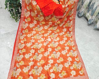 Orange Floral Viscose Crepe Silk Tissue Saree, Stitched Blouse Size 36-42, Indian Wedding Festival Party Saree