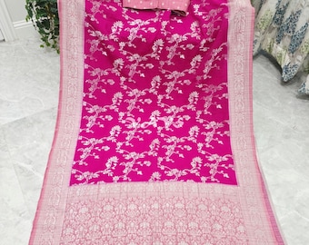 Fuchsia Semi Tussar Georgette Meenakari Saree, Stitched Blouse Size 38-44, Floral Indian Wedding Festival Saree