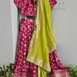 Pink All-Over Meenakari Designer Half Saree Set | Parrot Green Munga Silk Dupatta | Ready-to-Ship | Size 40-46 | Can - Can Lined |