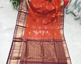 Mangalagiri Silk Cotton Saree with Stitched Blouse Size 36–42, Rust Orange Wine Zari Handloom Saree, Indian Wedding Wear
