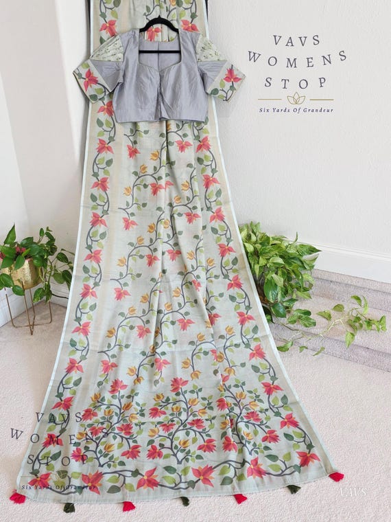 tissue saree dress design Size 40 Extends to 46. Linen Cotton Tissue Saree With Allover Jamdani Design  | Stitched Puff Sleeves Blouse