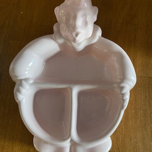 Vintage pink Clown ceramic divided child’s dish and food warmer designed by Hankscraft made by Redwing Pottery