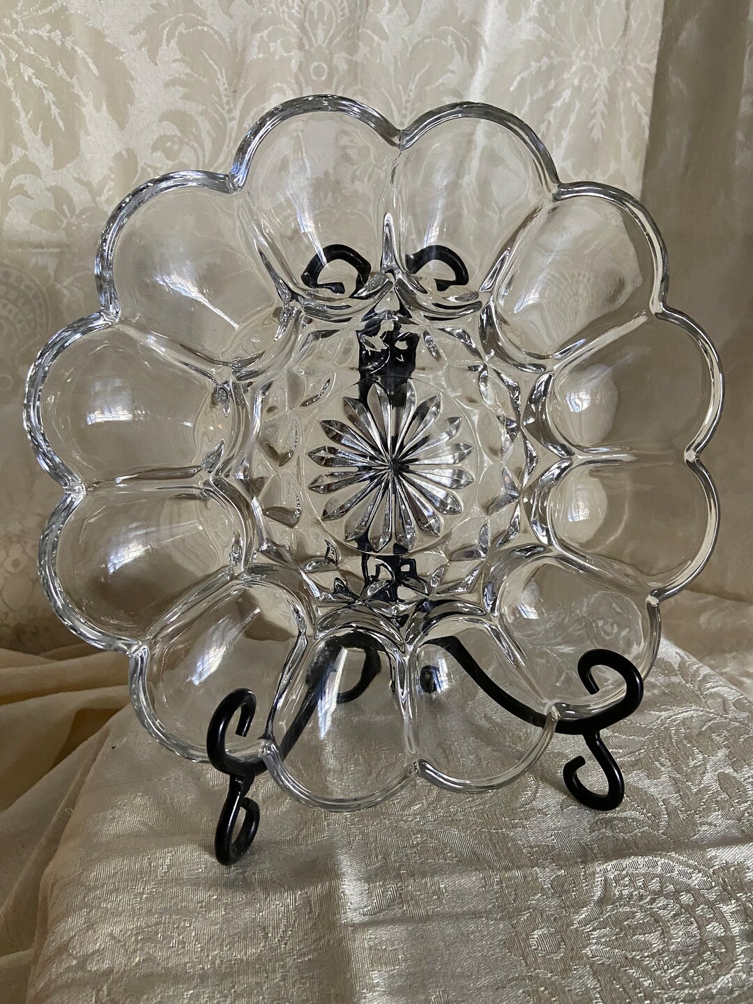 VTG Glass Deviled Egg Tray With Starburst Center Holds 12 Eggs, Made in