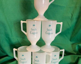 VTG Federal Milk Glass Irish Coffee pedestal gold rimmed mugs set of 6