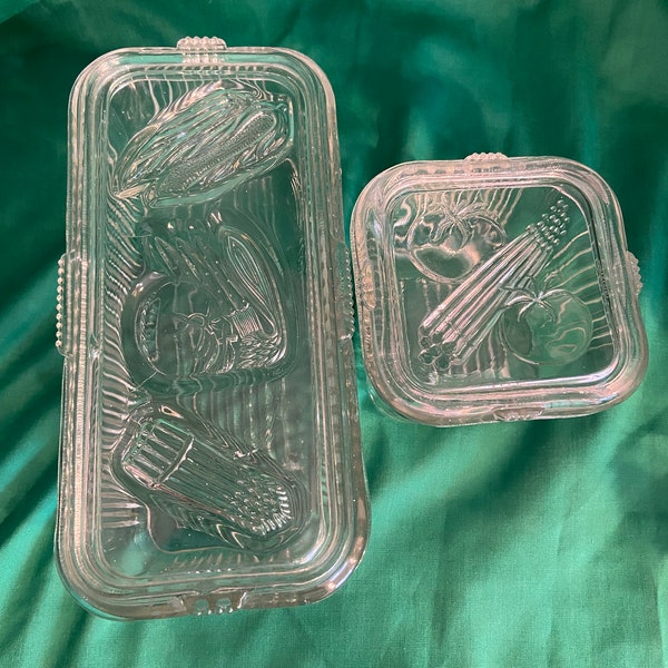 VTG Federal Ribbed Glass Rectangular Refrigerator Dishes with Vintage Federal Clear Glass Refrigerator Dish with Vegetable Embossed Lids