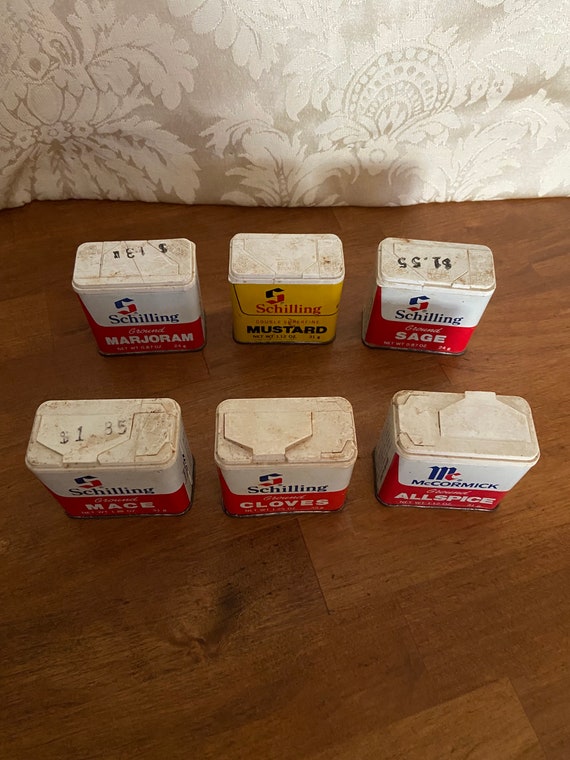 5 Schilling Spice Tins: Cloves, Mace, Marjoram, Sage, Mustard and